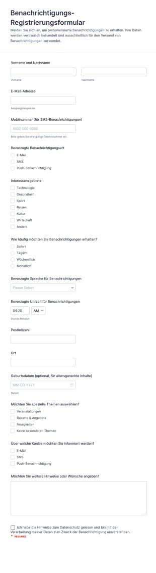 Benachrichtigungs Abonnement Formular