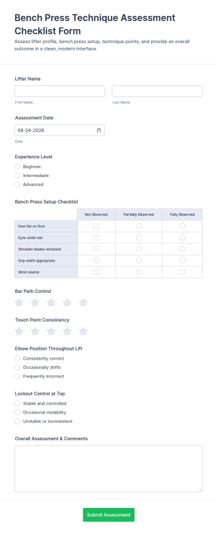 Bench Press Technique Assessment Form Template