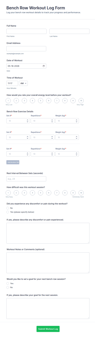 Bench Row Workout Log Form Template