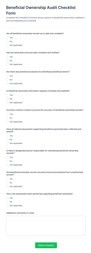 Beneficial Ownership Audit Checklist Form Template