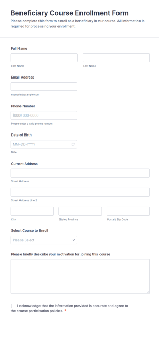 Beneficiary Course Enrollment Form Template