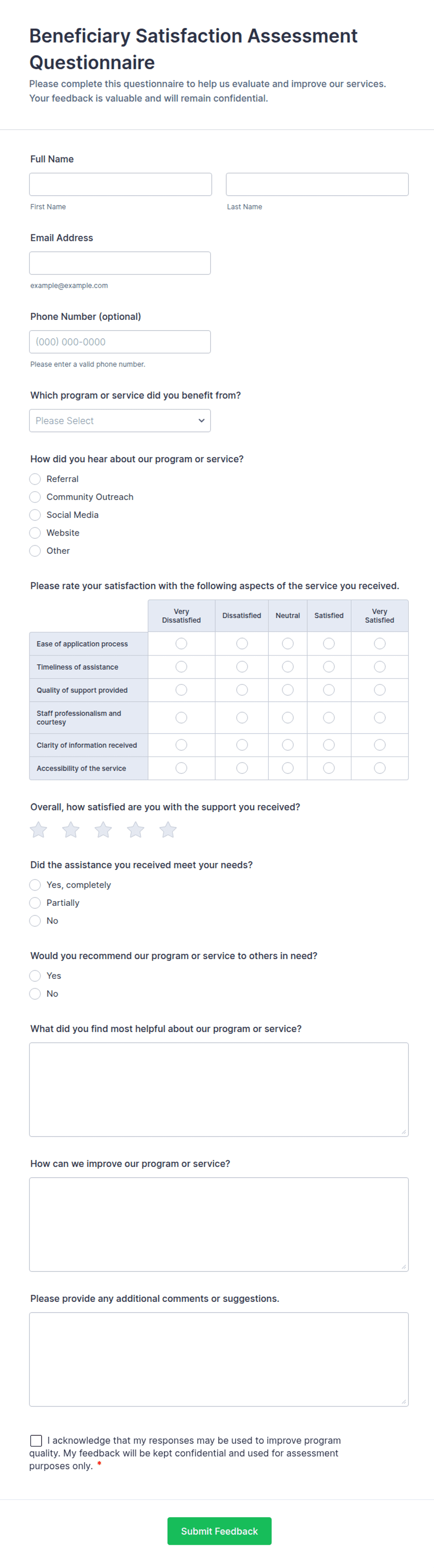 Beneficiary Satisfaction Assessment Questionnaire Form Template | Jotform