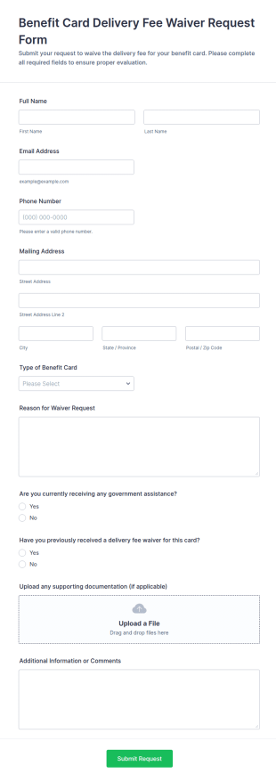Benefit Card Delivery Fee Waiver Request Form Template