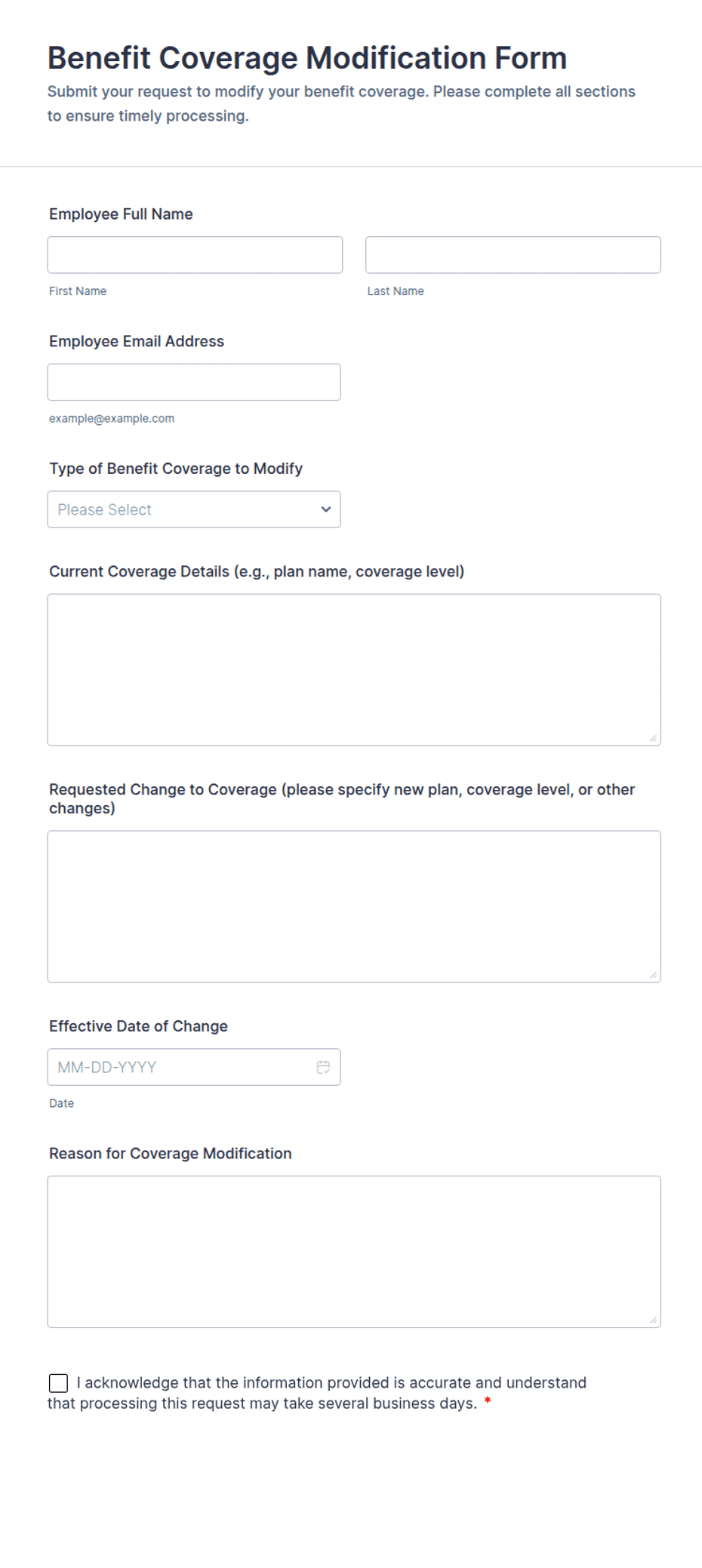 Modification Form Example Benefit Coverage Modification Form Template | Jotform