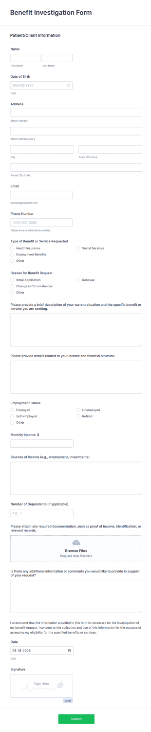 Benefit Investigation Form Template