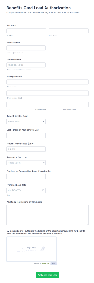 Benefits Card Load Authorization Form Template