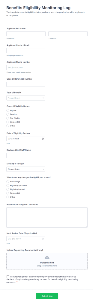 Benefits Eligibility Monitoring Log Form Template