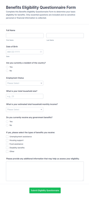 Benefits Eligibility Questionnaire Form Template