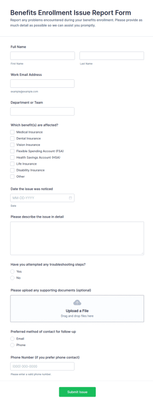 Benefits Enrollment Issue Report Form Template