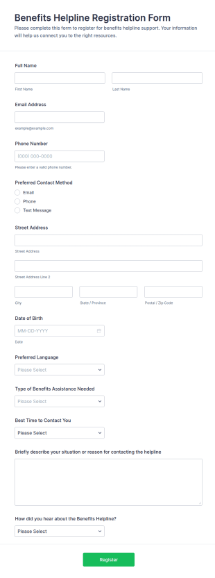 Benefits Helpline Registration Form Template