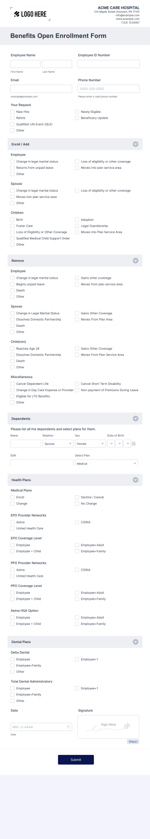 Benefits Open Enrollment Form Template