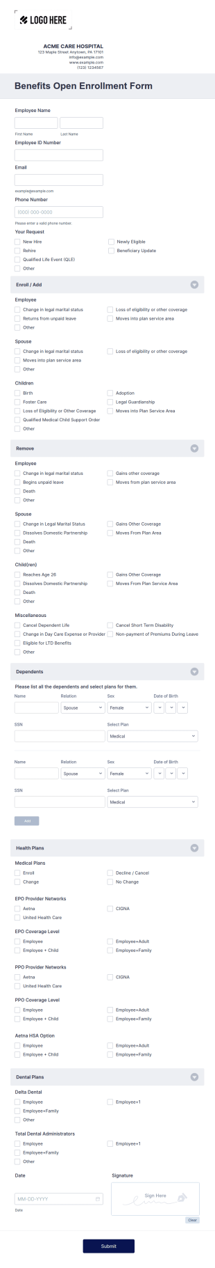 Benefits Open Enrollment Form Template