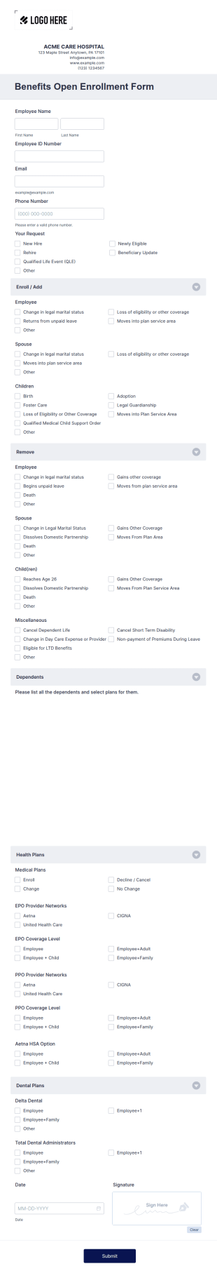 Benefits Open Enrollment Form Template