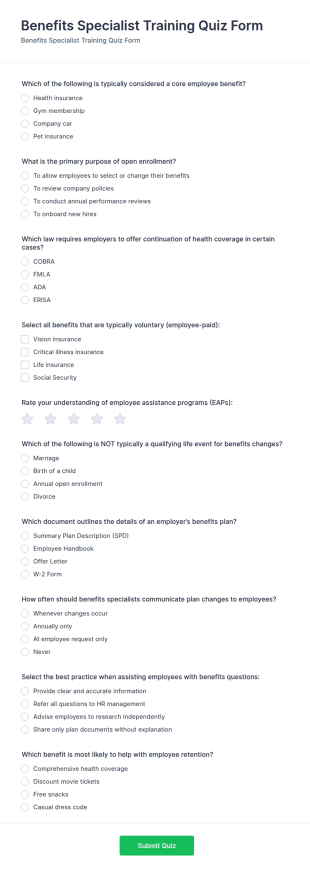 Benefits Specialist Training Quiz Form Template