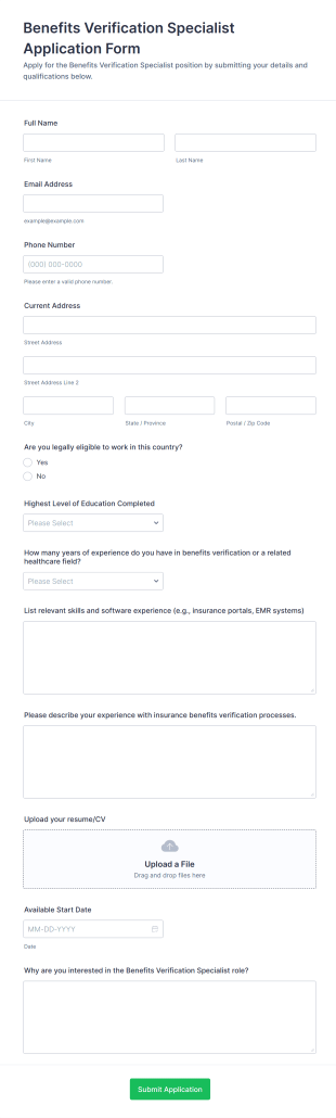 Benefits Verification Specialist Application Form Template