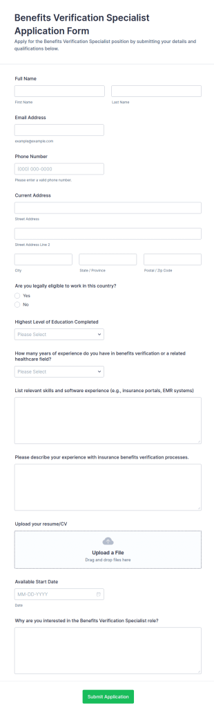 Benefits Verification Specialist Application Form Template