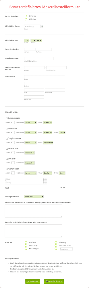 Benutzerdefiniertes Bäckereibestellformular Form Template