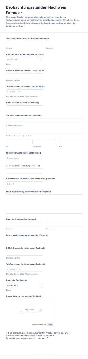 Beobachtungsstunden Nachweis Formular