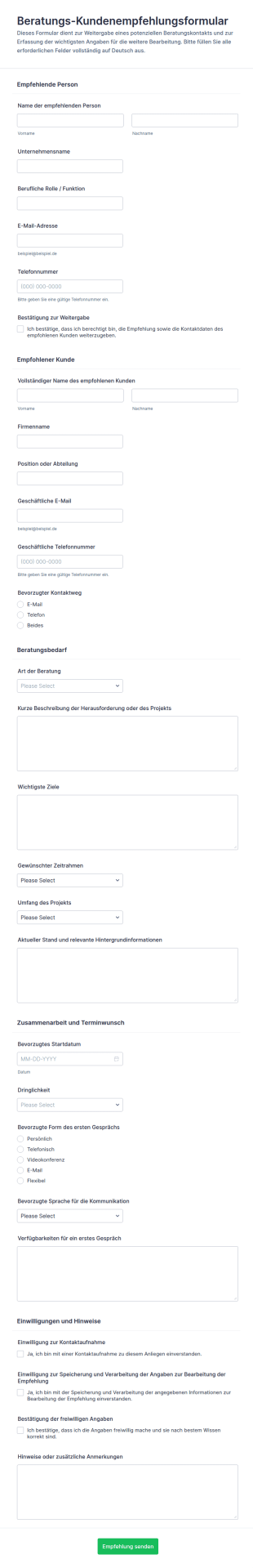 Beratungs Kundenempfehlungsformular