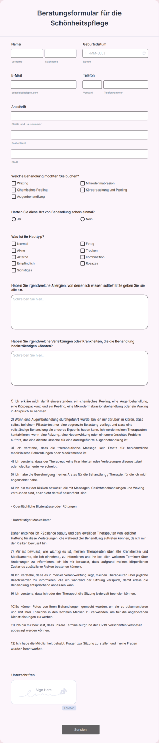 Beratungsformular Für Die Schönheitspflege Form Template