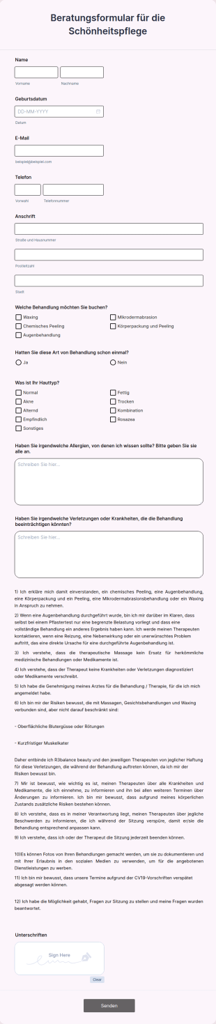 Beratungsformular Für Die Schönheitspflege
