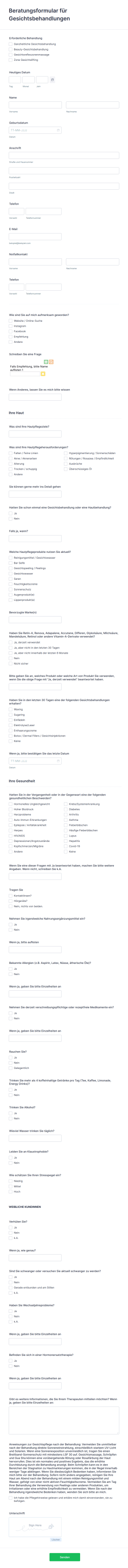 Beratungsformular Für Gesichtsbehandlungen Form Template
