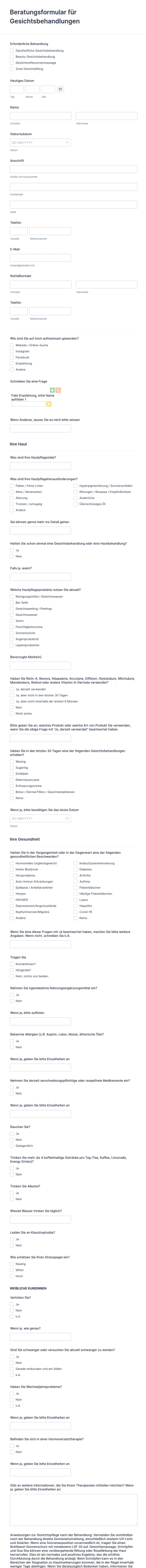 Beratungsformular Für Gesichtsbehandlungen