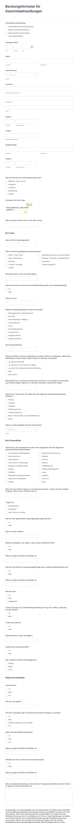 Beratungsformular Für Gesichtsbehandlungen