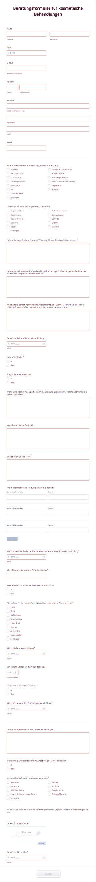 Beratungsformular Für Kosmetische Behandlungen Form Template
