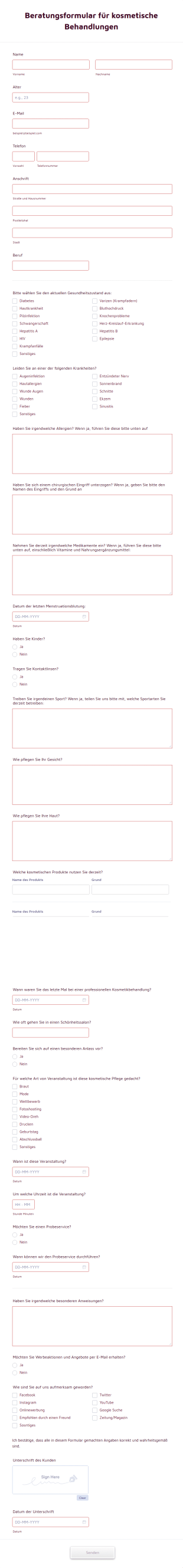 Beratungsformular Für Kosmetische Behandlungen