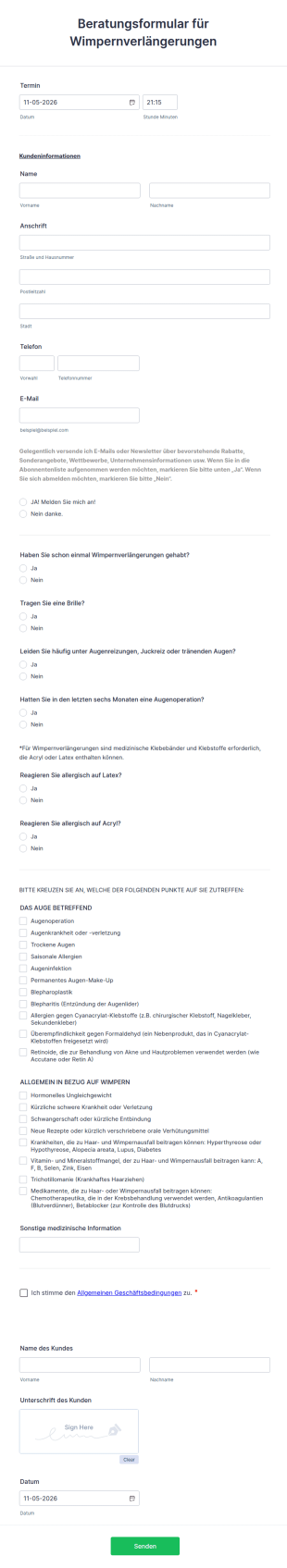 Beratungsformular Für Wimpernverlängerungen