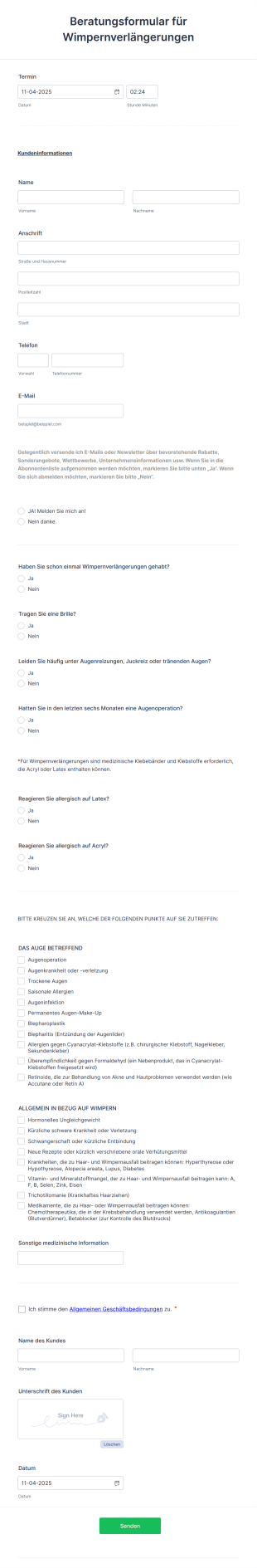 Beratungsformular Für Wimpernverlängerungen Form Template