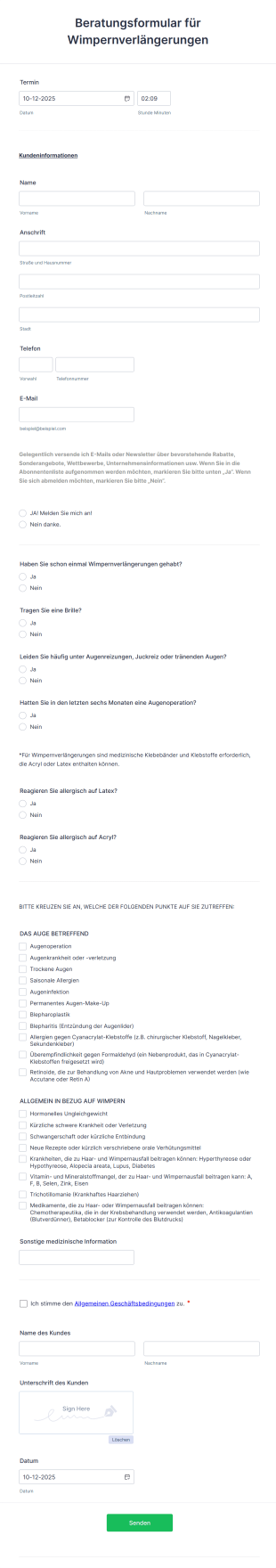 Beratungsformular Für Wimpernverlängerungen Form Template