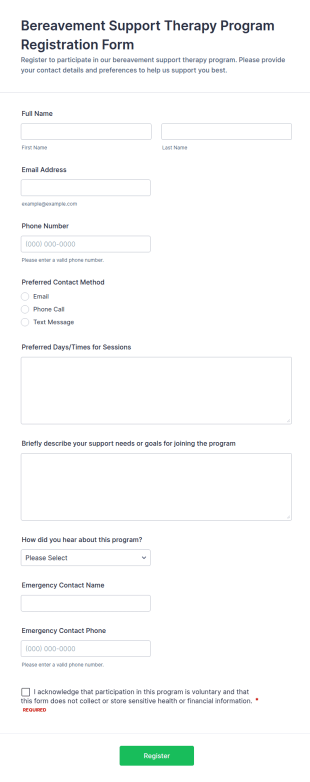 Bereavement Support Therapy Program Registration Form Template
