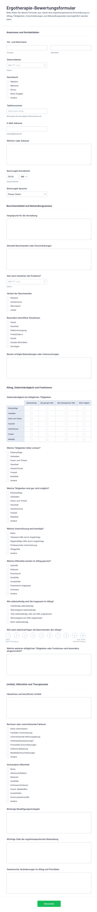 Berufsbezogene Ergotherapie Bewertungsformular