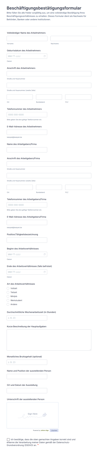 Beschäftigungsbestätigungsformular
