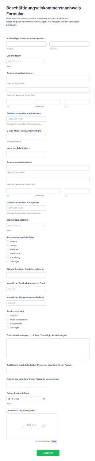 Beschäftigungseinkommensnachweis Formular