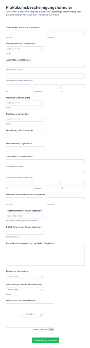 Bescheinigung über Das Praktikumsende Form