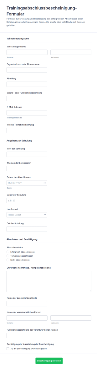 Bescheinigung über Die Teilnahme An Einer Schulung