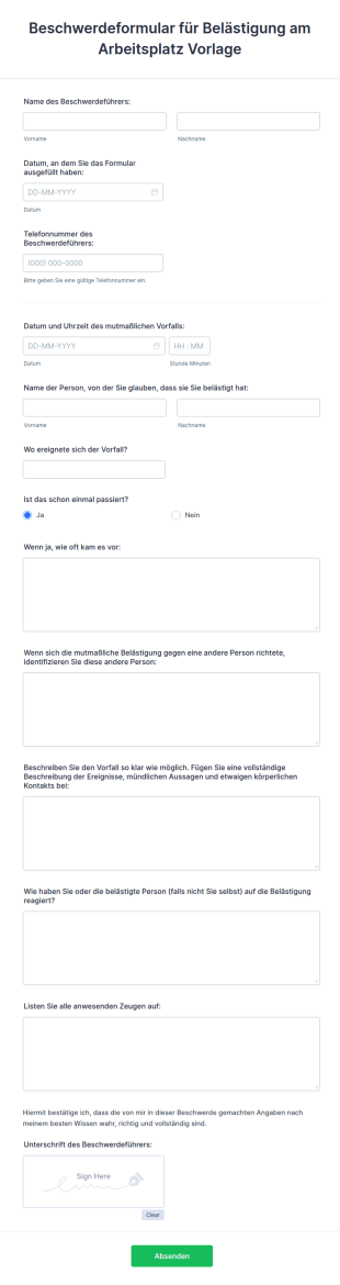 Beschwerdeformular Für Belästigung Am Arbeitsplatz Vorlage