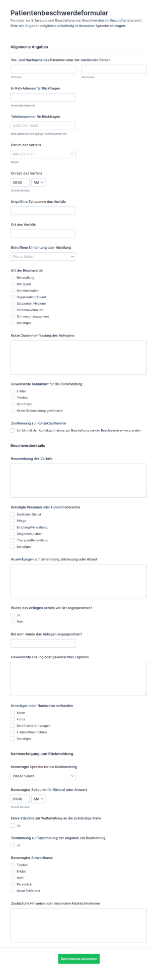 Beschwerdeformular Für Patienten