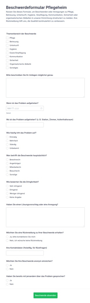 Beschwerdeformular Für Pflegeeinrichtungen