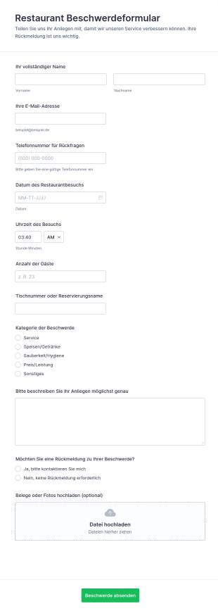 Beschwerdeformular Für Restaurants