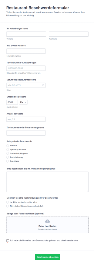 Beschwerdeformular Für Restaurants