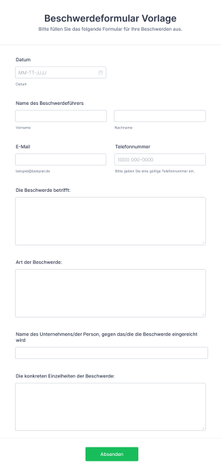 Beschwerde Formular Vorlage