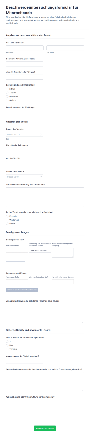 Beschwerdeuntersuchungsformular Für Mitarbeitende