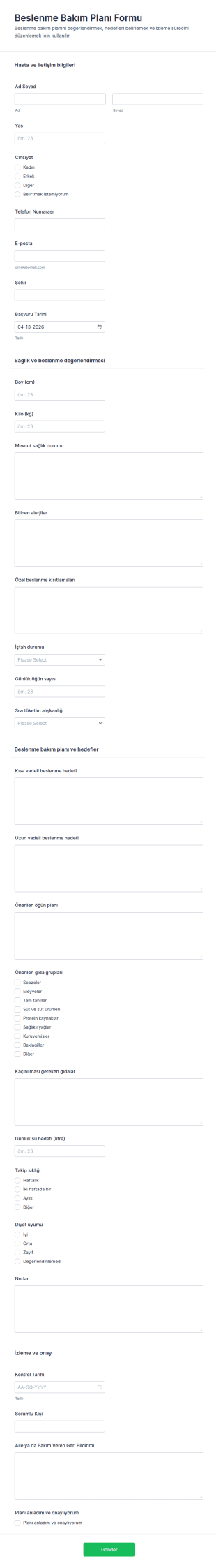 Beslenme Bakım Planı Form Şablonu