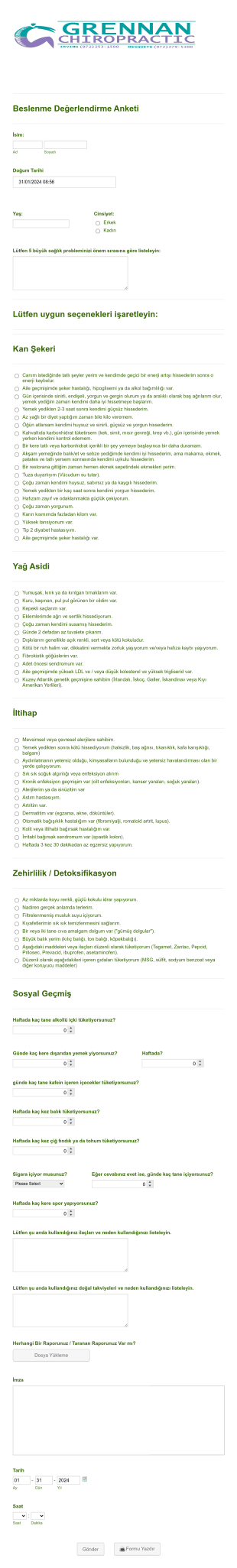 Beslenme Değerlendirme Anketi Form Template
