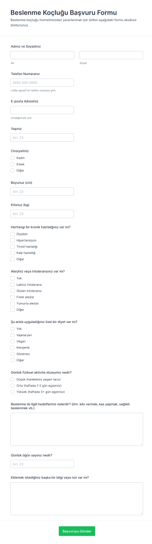 Beslenme Koçluğu Başvuru Form Şablonu