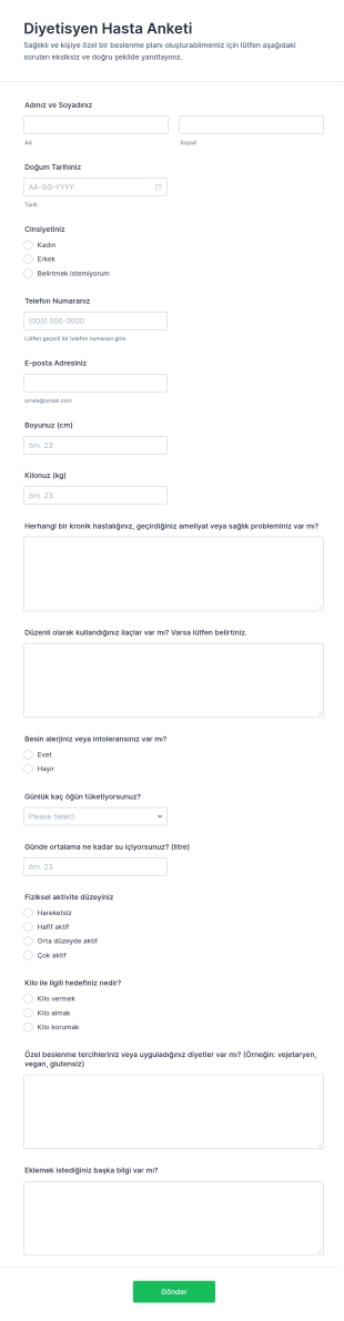Beslenme Uzmanı Hasta Anketi Form Şablonu